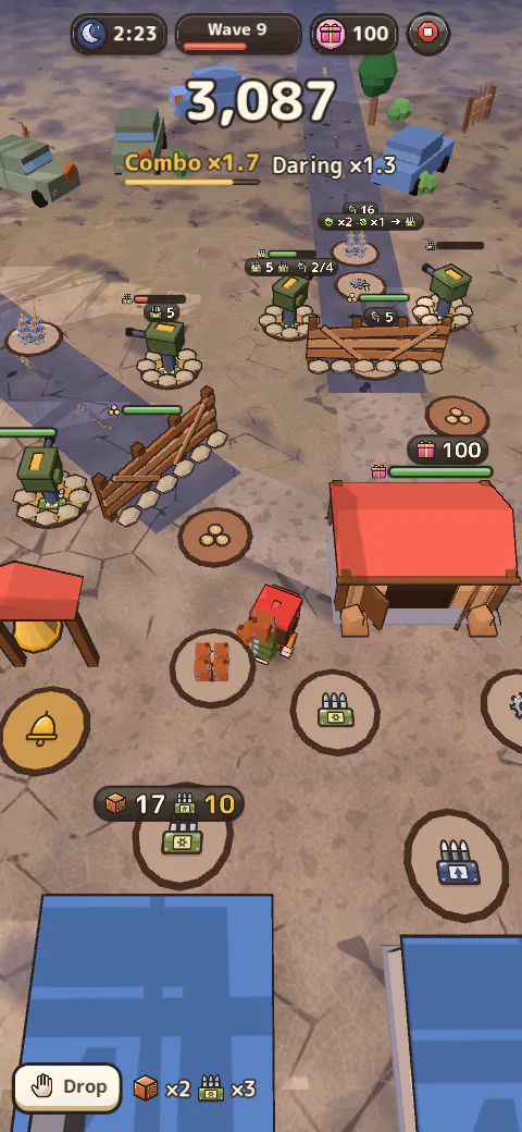 Outpost Night gameplay with the score and combo on screen