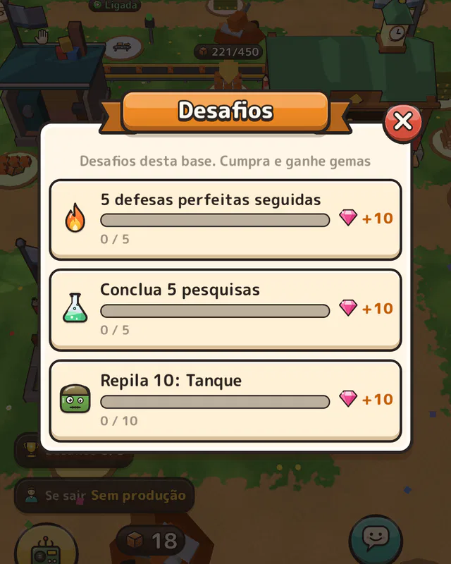 A tela de desafios da fase
